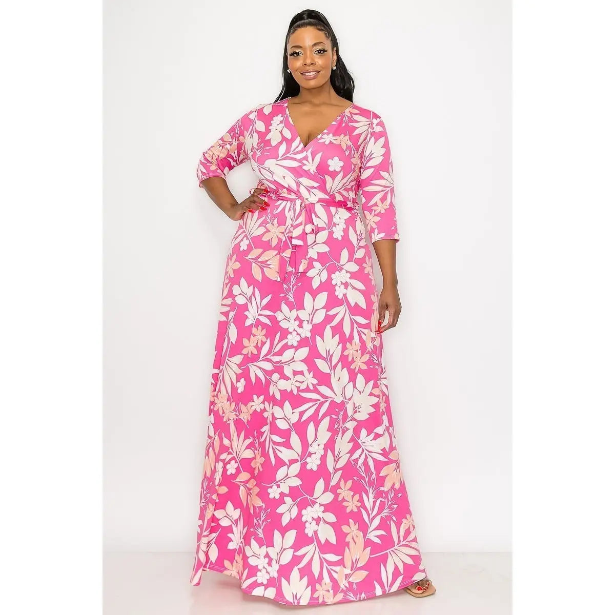 Pink Palms V Neck Curvy Fit Maxi Dress