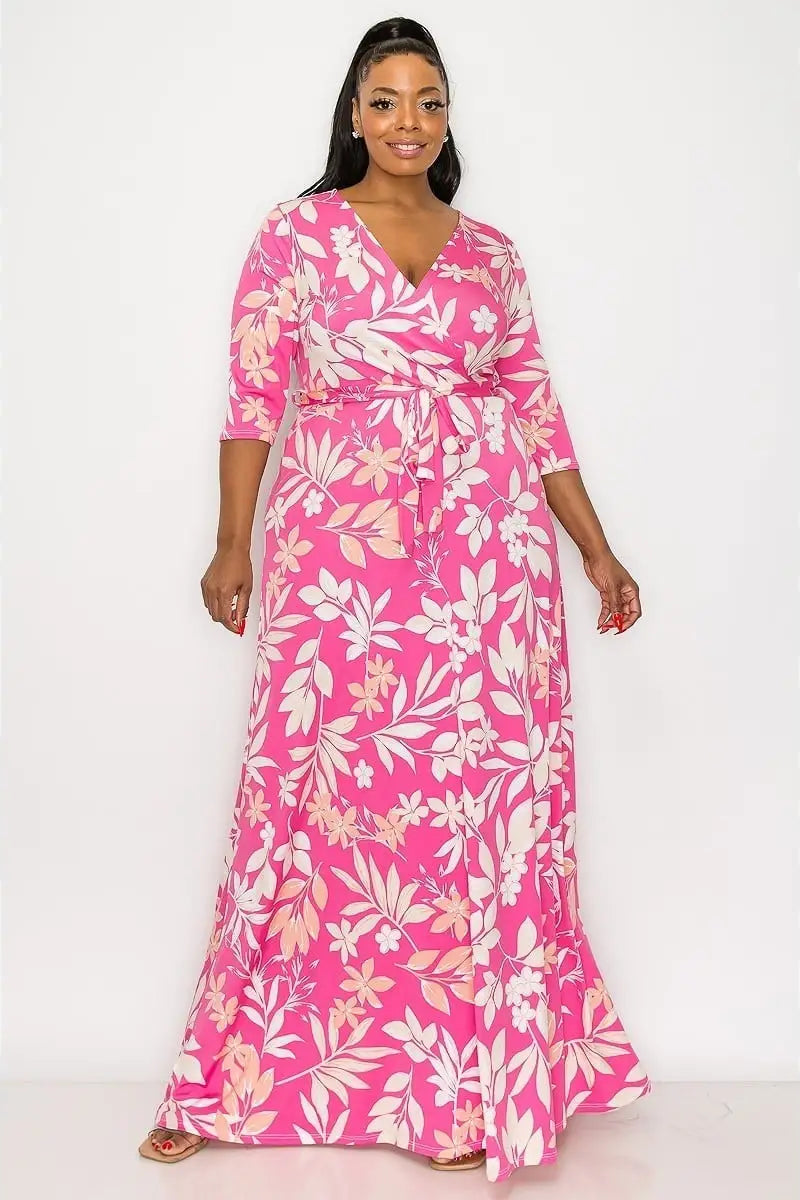 Pink Palms V Neck Curvy Fit Maxi Dress