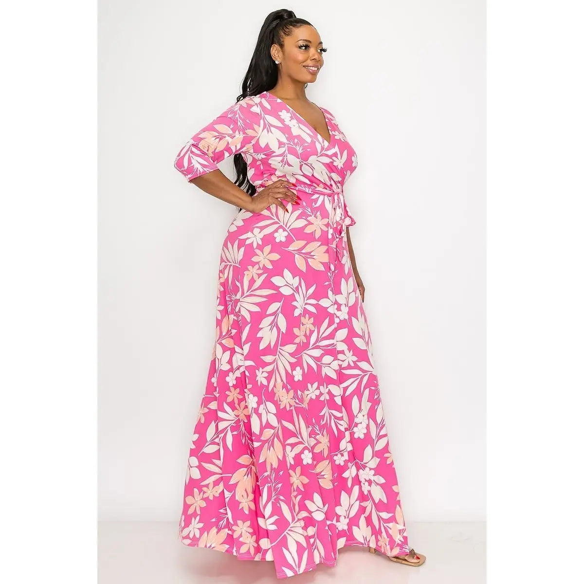 Pink Palms V Neck Curvy Fit Maxi Dress