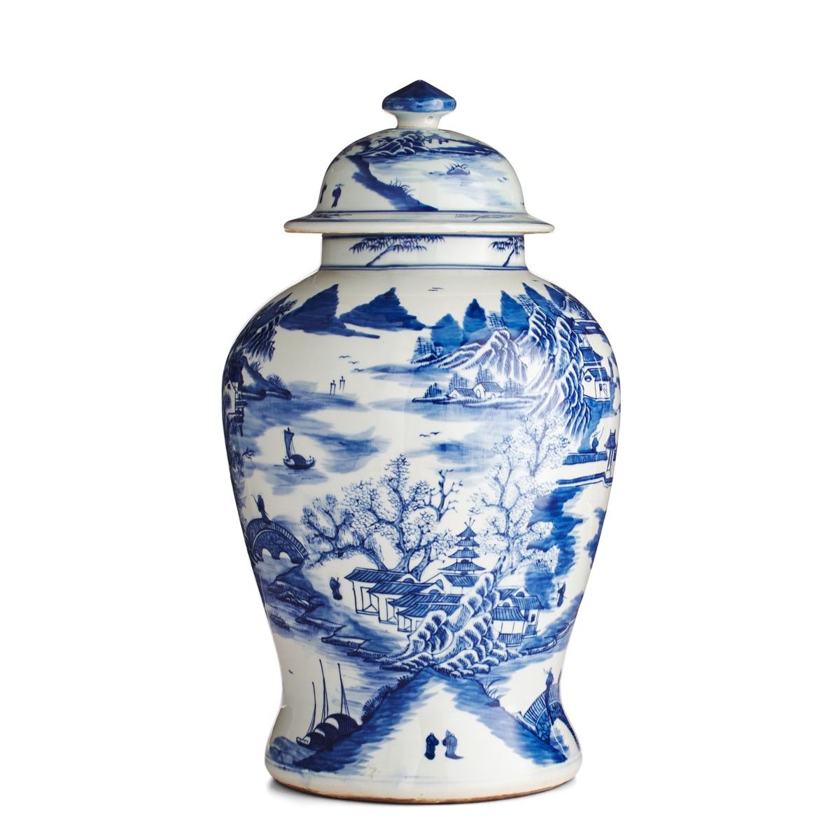 Blue & White Porcelain Temple Jar Mountain Village Scene