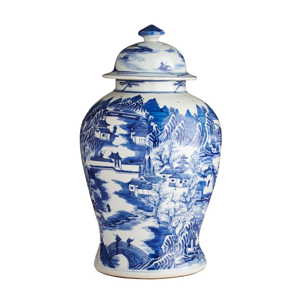 Blue & White Porcelain Temple Jar Mountain Village Scene