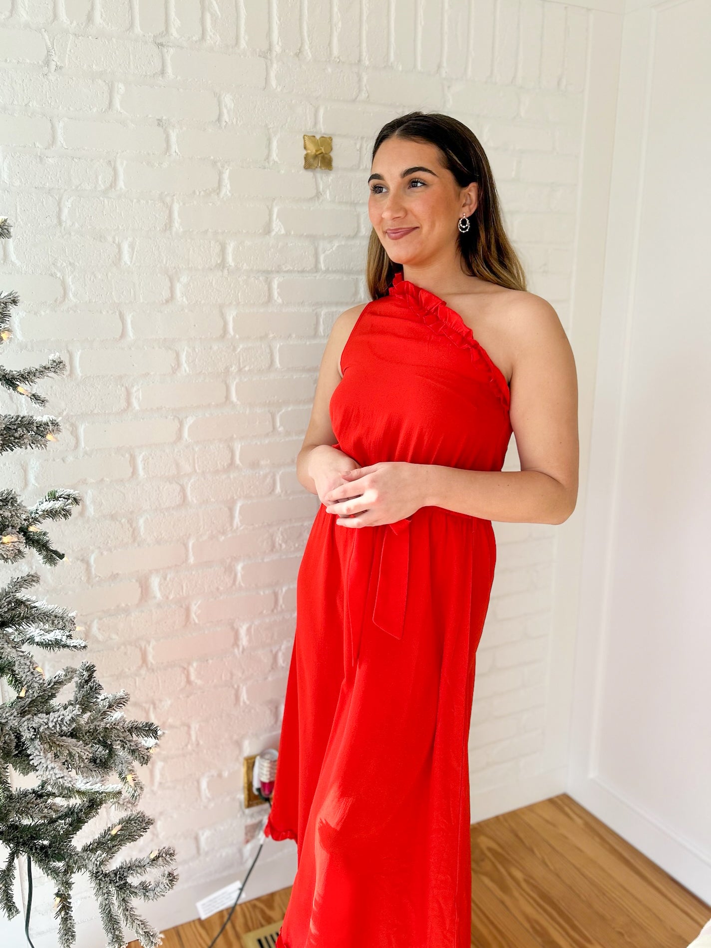 Red One Shoulder Ruffled Maxi Dress