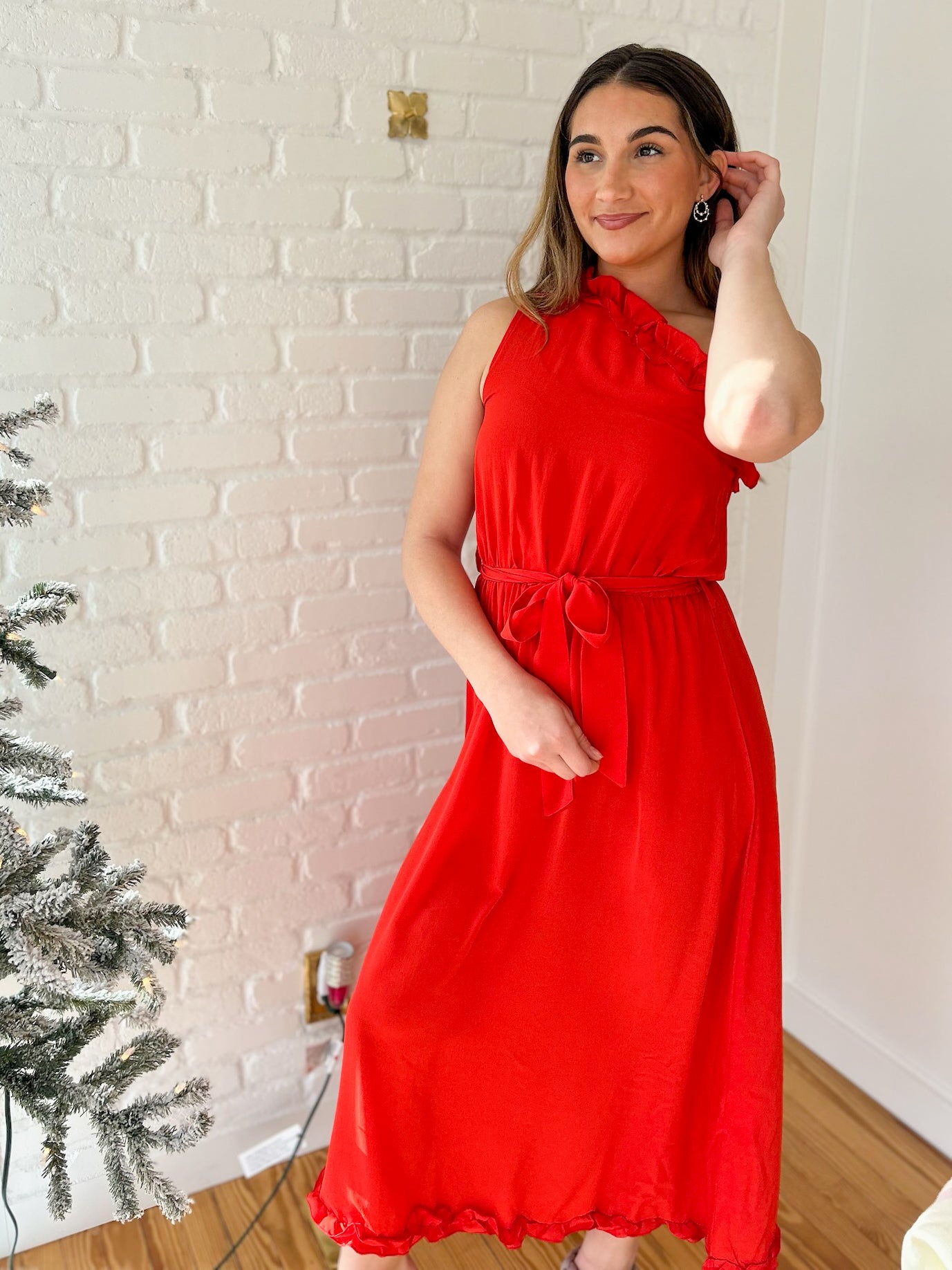 Red One Shoulder Ruffled Maxi Dress