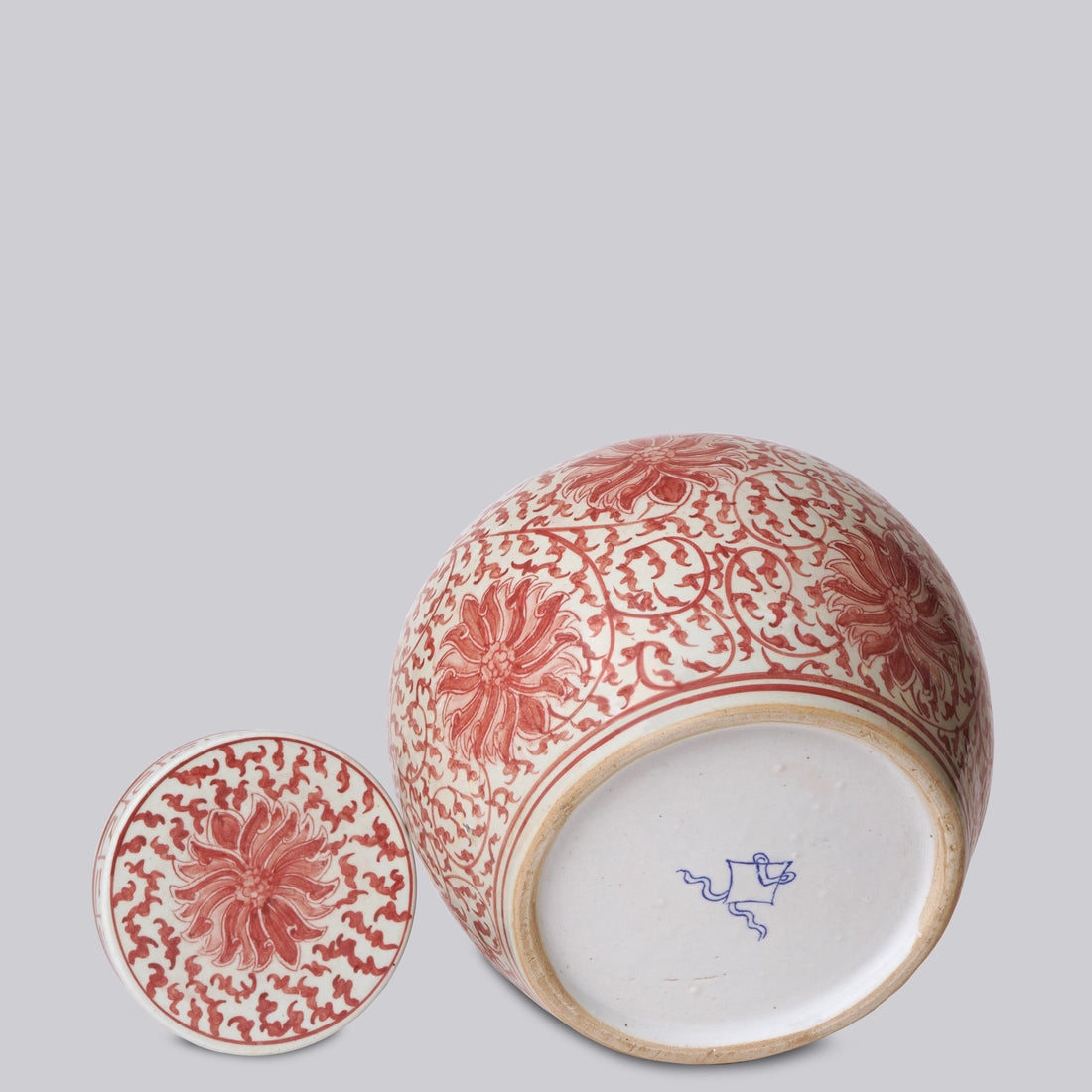 Red and White Porcelain Scrolling Lotus Round Lidded Jar