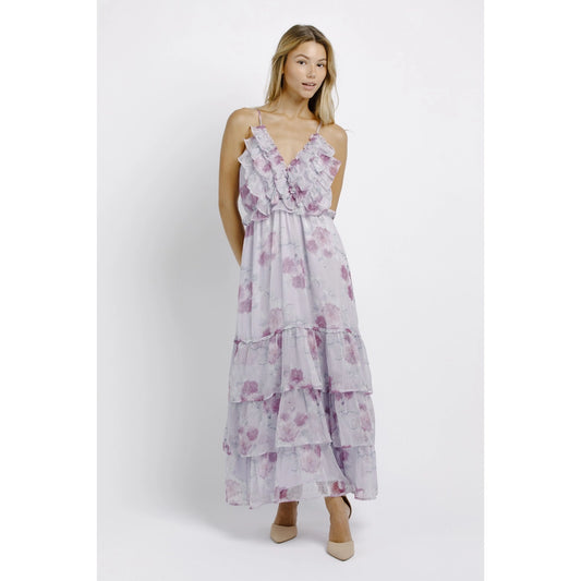 Lilac Romantic Floral Ruffled Maxi Dress