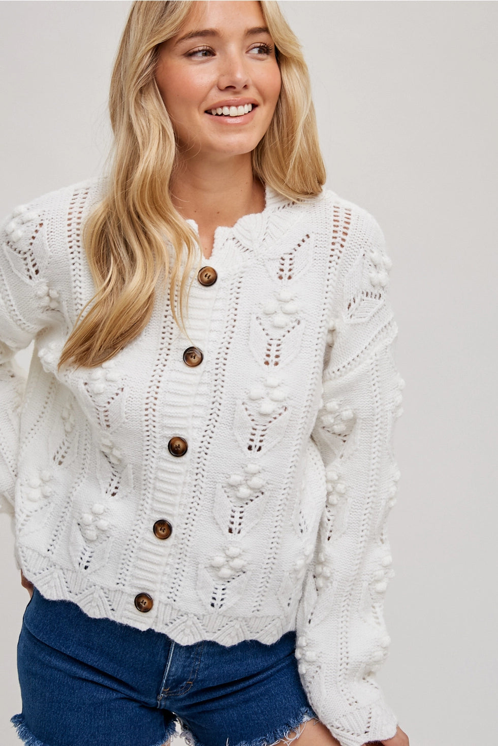 White Scallop Hem Sweater Knit Cardigan