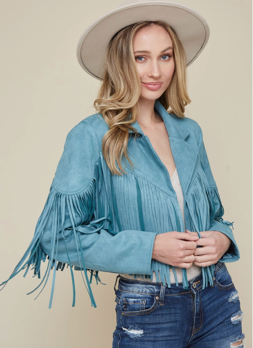 Teal Suede Fringe Curvy Fit Jacket