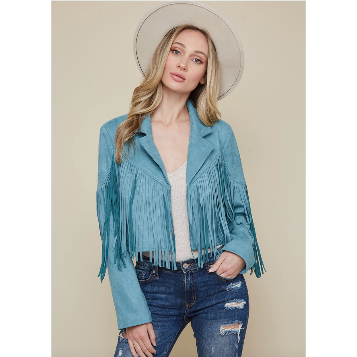 Teal Suede Fringe Curvy Fit Jacket