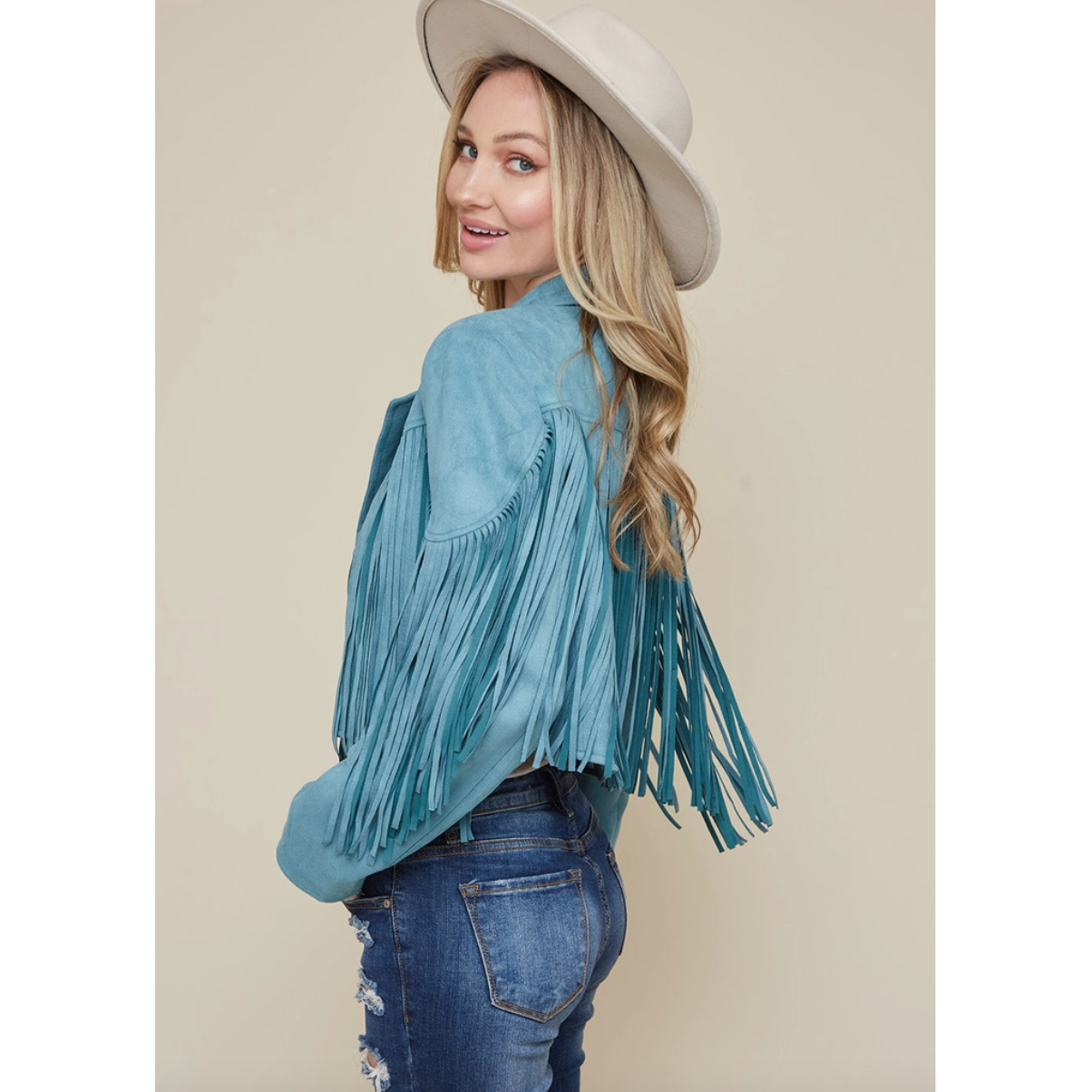 Teal Suede Fringe Curvy Fit Jacket
