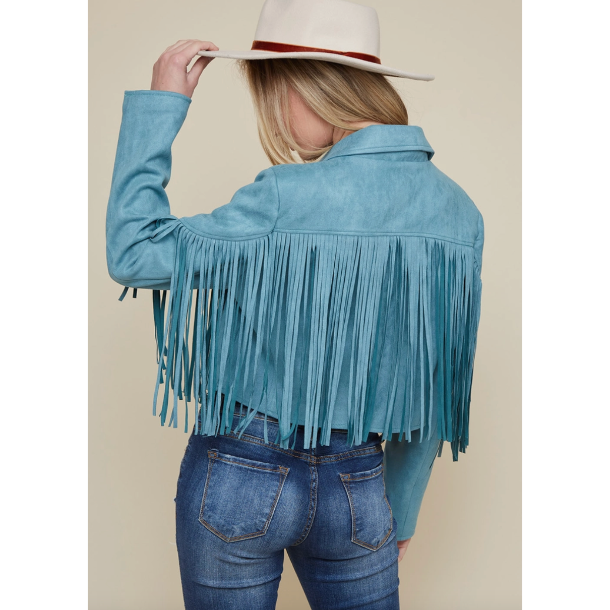 Teal Suede Fringe Curvy Fit Jacket