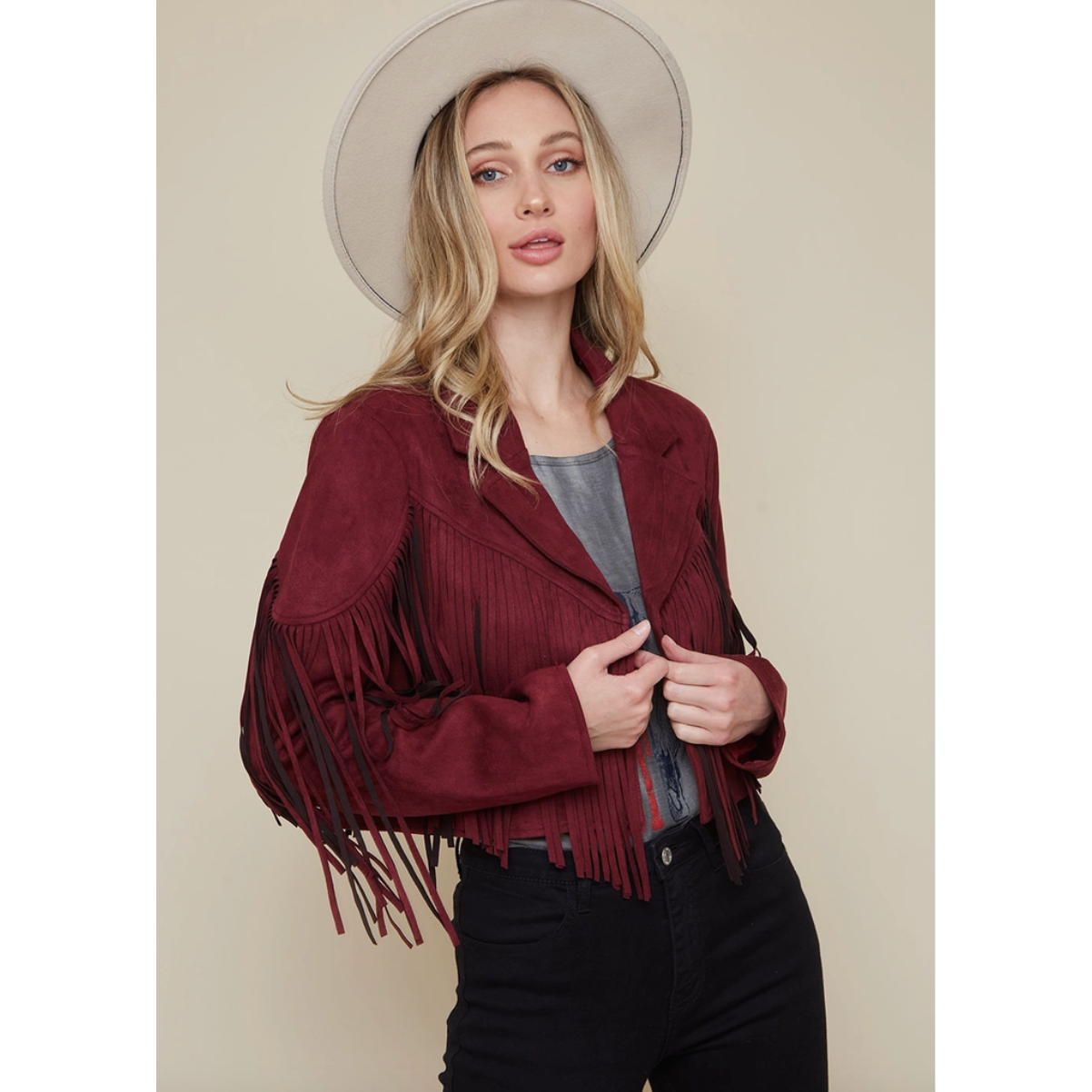 Wine Suede Fringe Jacket
