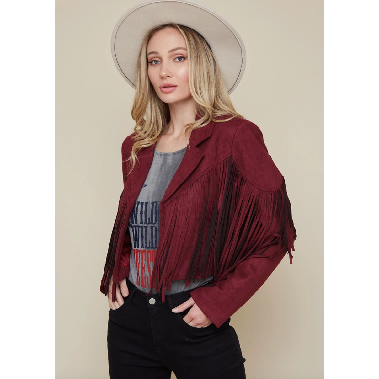 Wine Suede Fringe Jacket