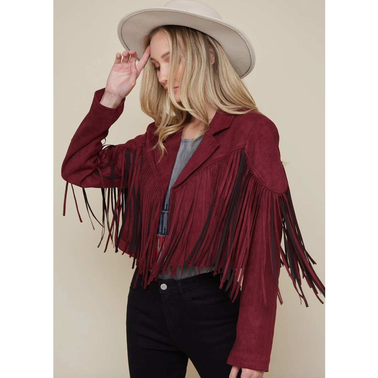 Wine Suede Fringe Jacket