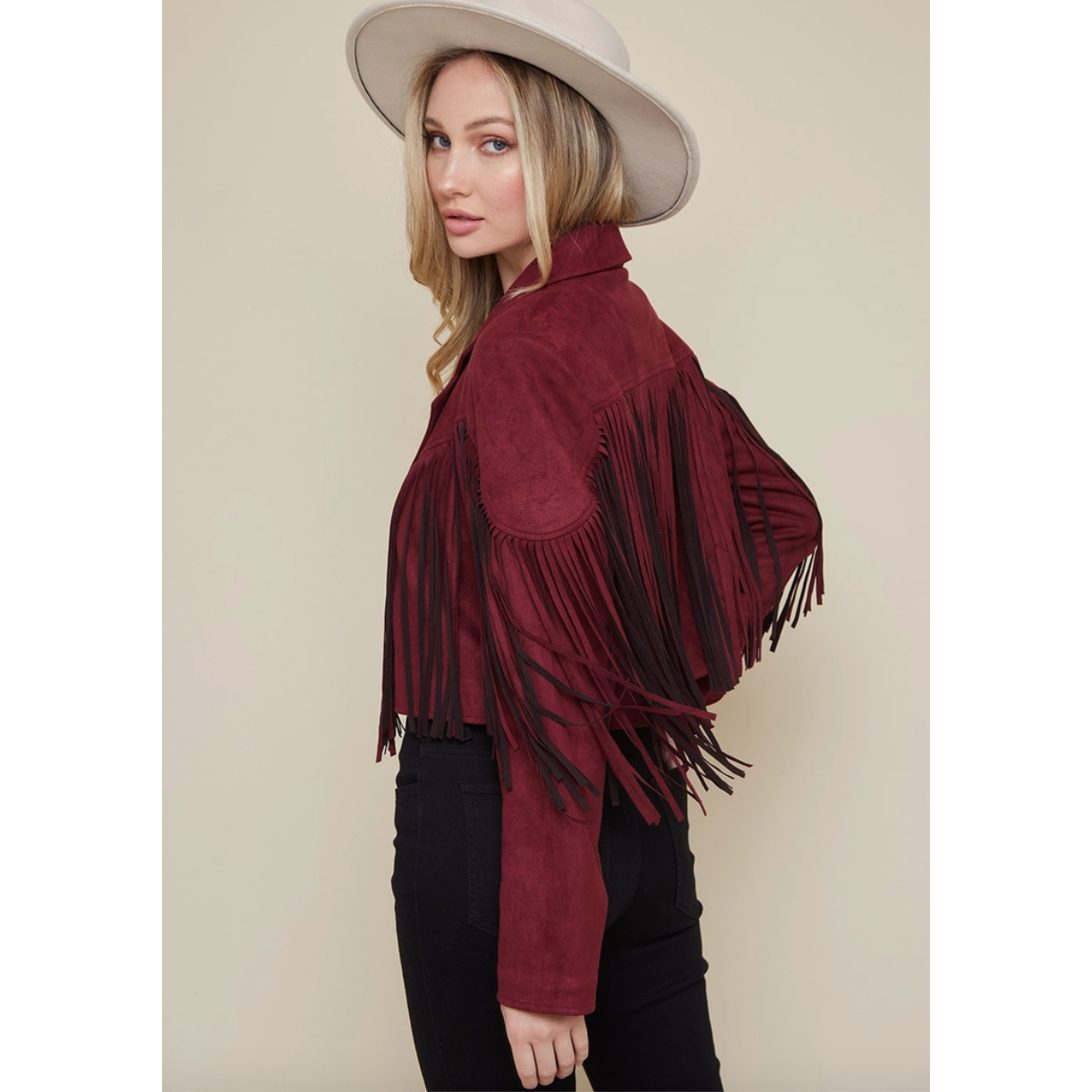 Wine Suede Fringe Jacket