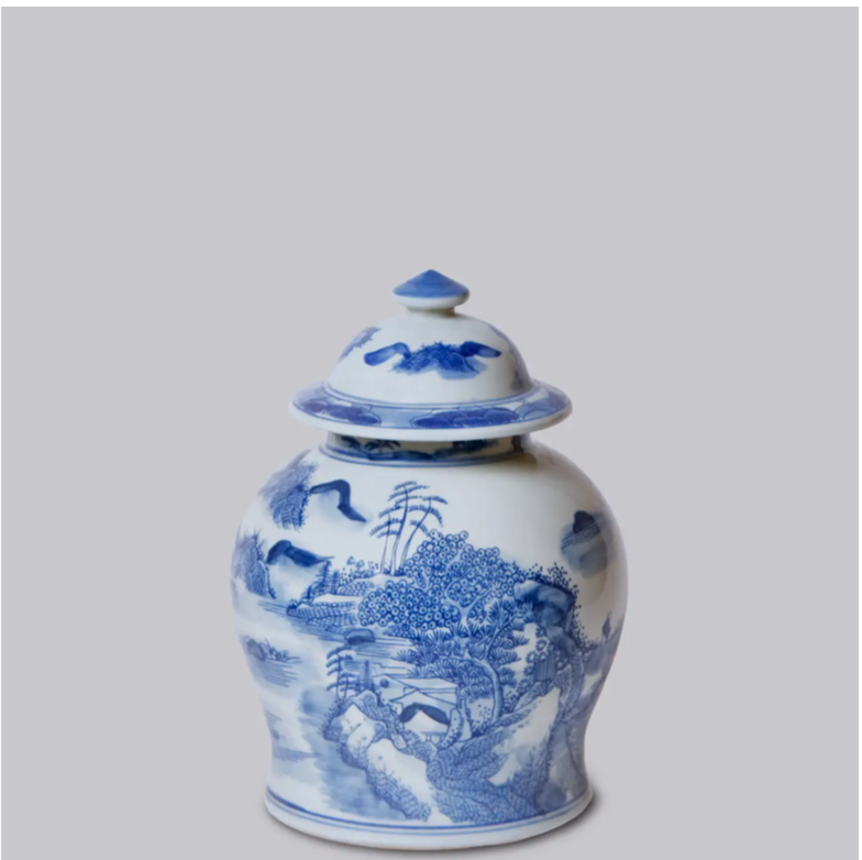 Medium Blue & White Landscape Temple Jar