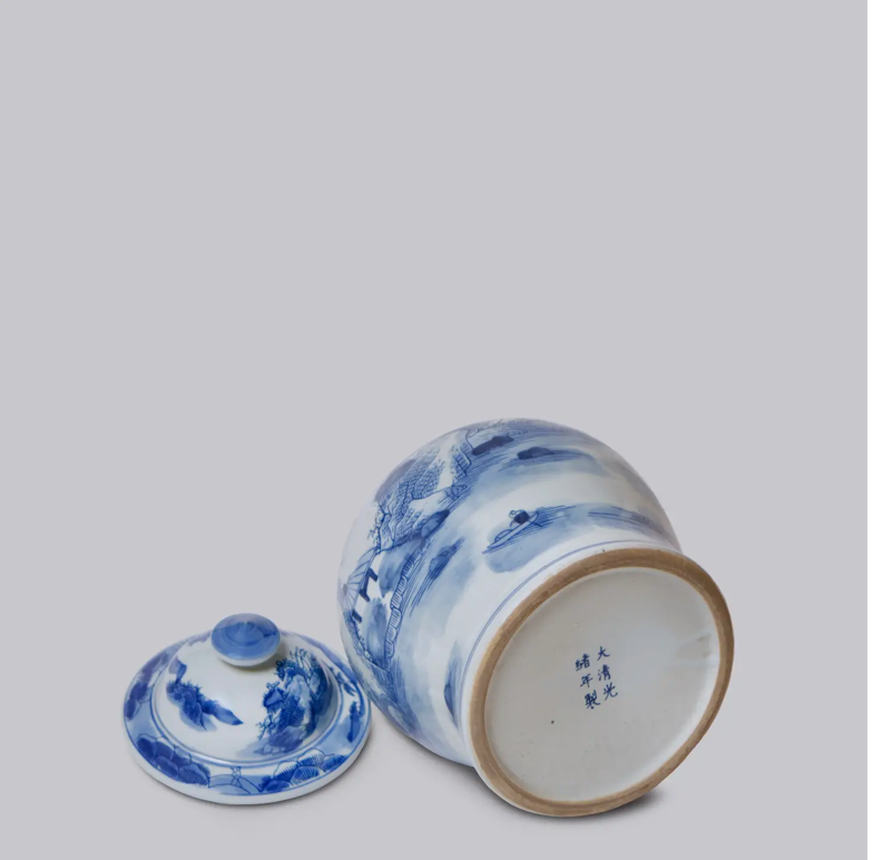 Medium Blue & White Landscape Temple Jar