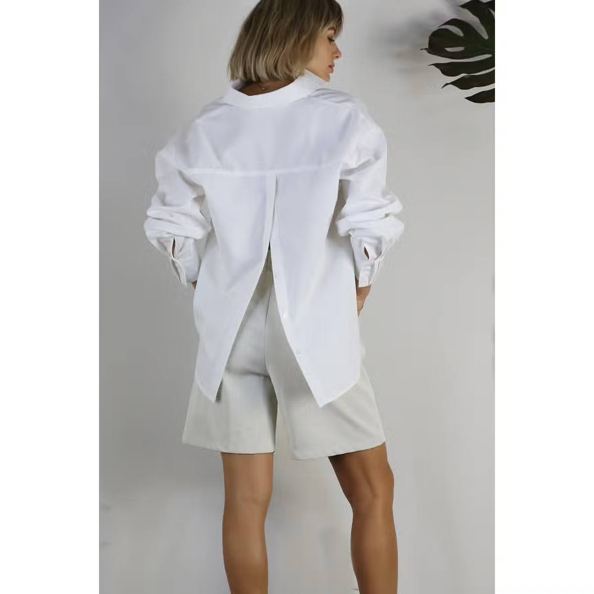 White Oversized Open Back Button Down Top