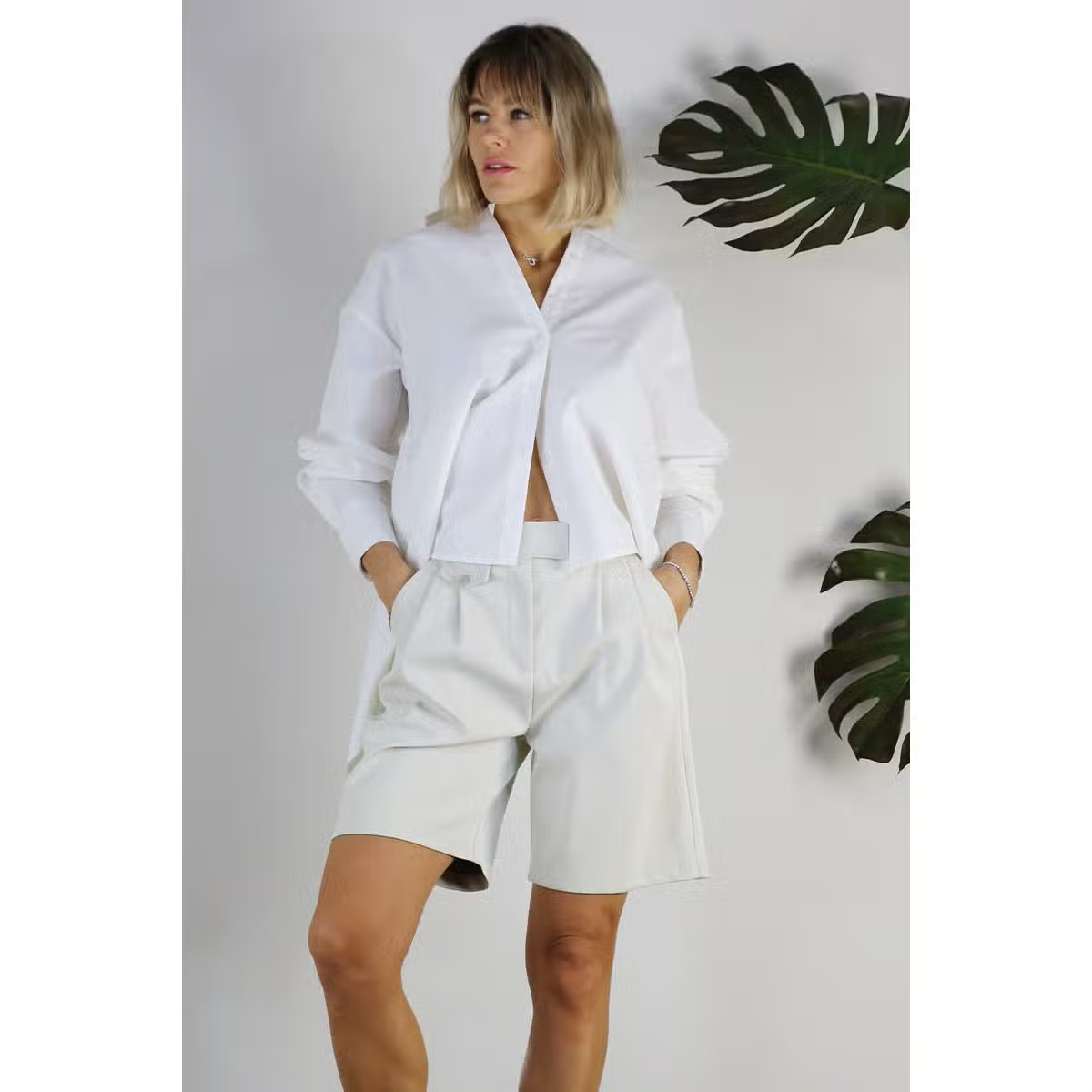 White Oversized Open Back Button Down Top