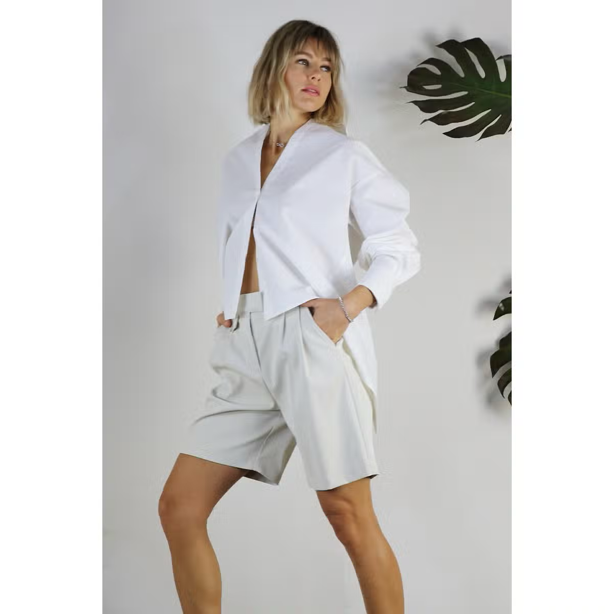 White Oversized Open Back Button Down Top