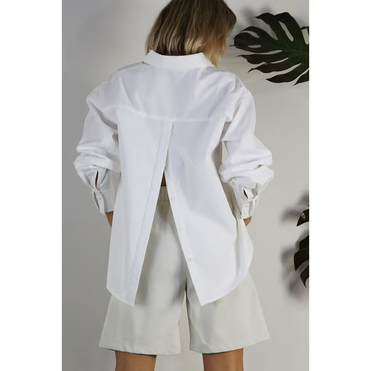 White Oversized Open Back Button Down Top