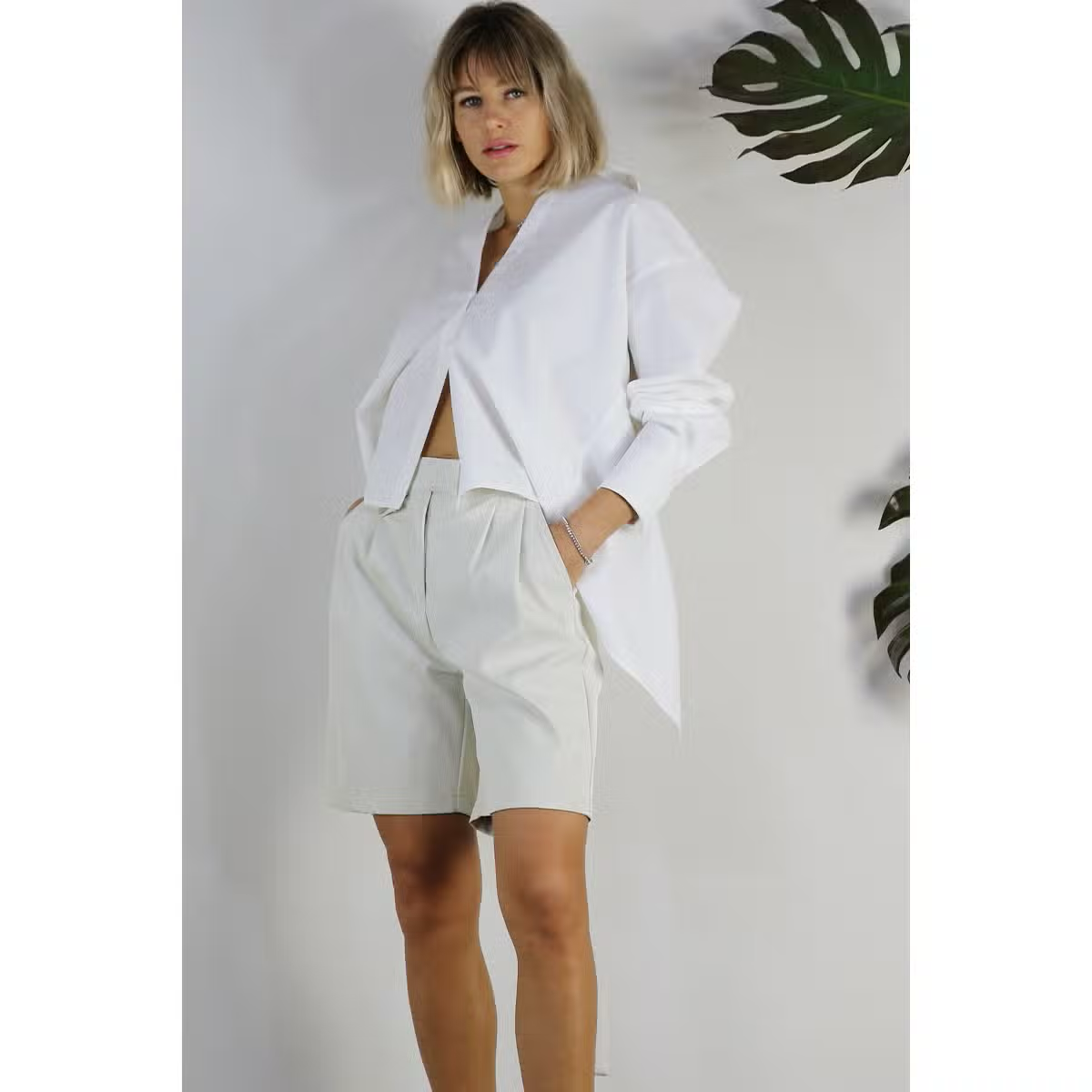 White Oversized Open Back Button Down Top