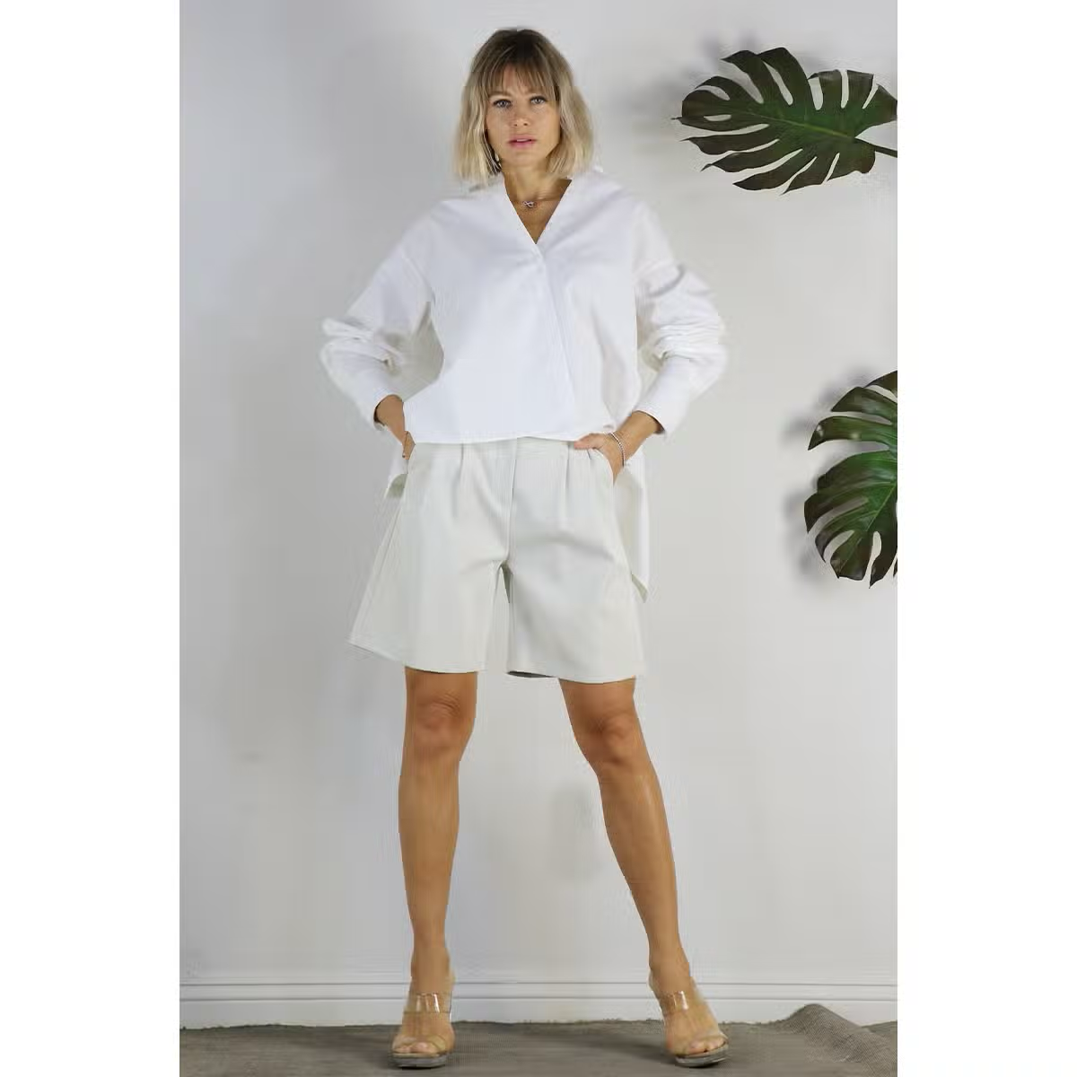 White Oversized Open Back Button Down Top