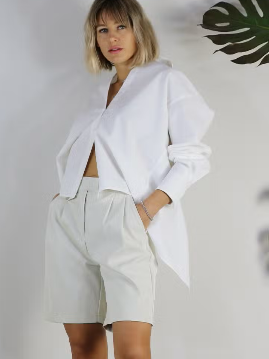 White Oversized Open Back Button Down Top