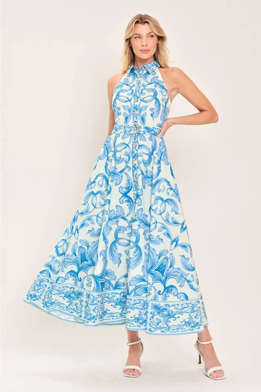 Printed Maxi Dress In Off White Blue