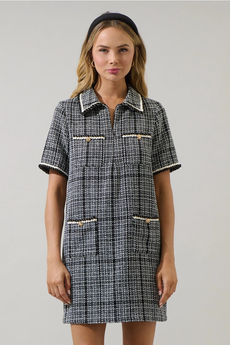Audrey Tweed Collar Mini Dress BLACK-WHITE / L by Sugarlips