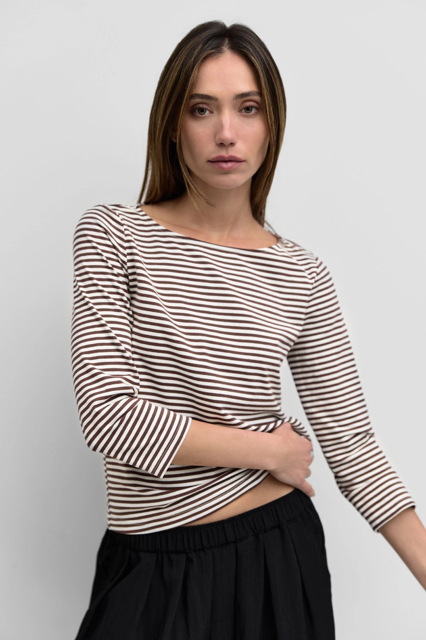 Brown And White Striped Boat Neck Top
