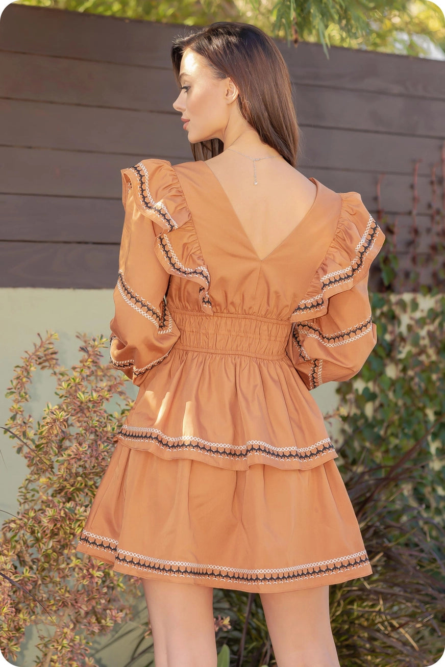 Brown Long Ruffled Sleeve Tiered Dress