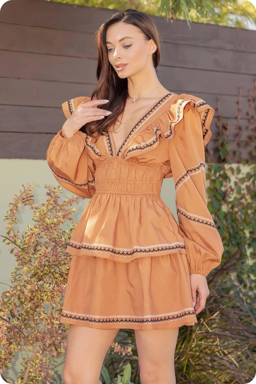 Brown Long Ruffled Sleeve Tiered Dress