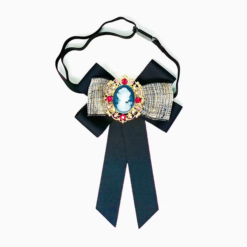 Vintage Cameo Pendant Black Bow Collar