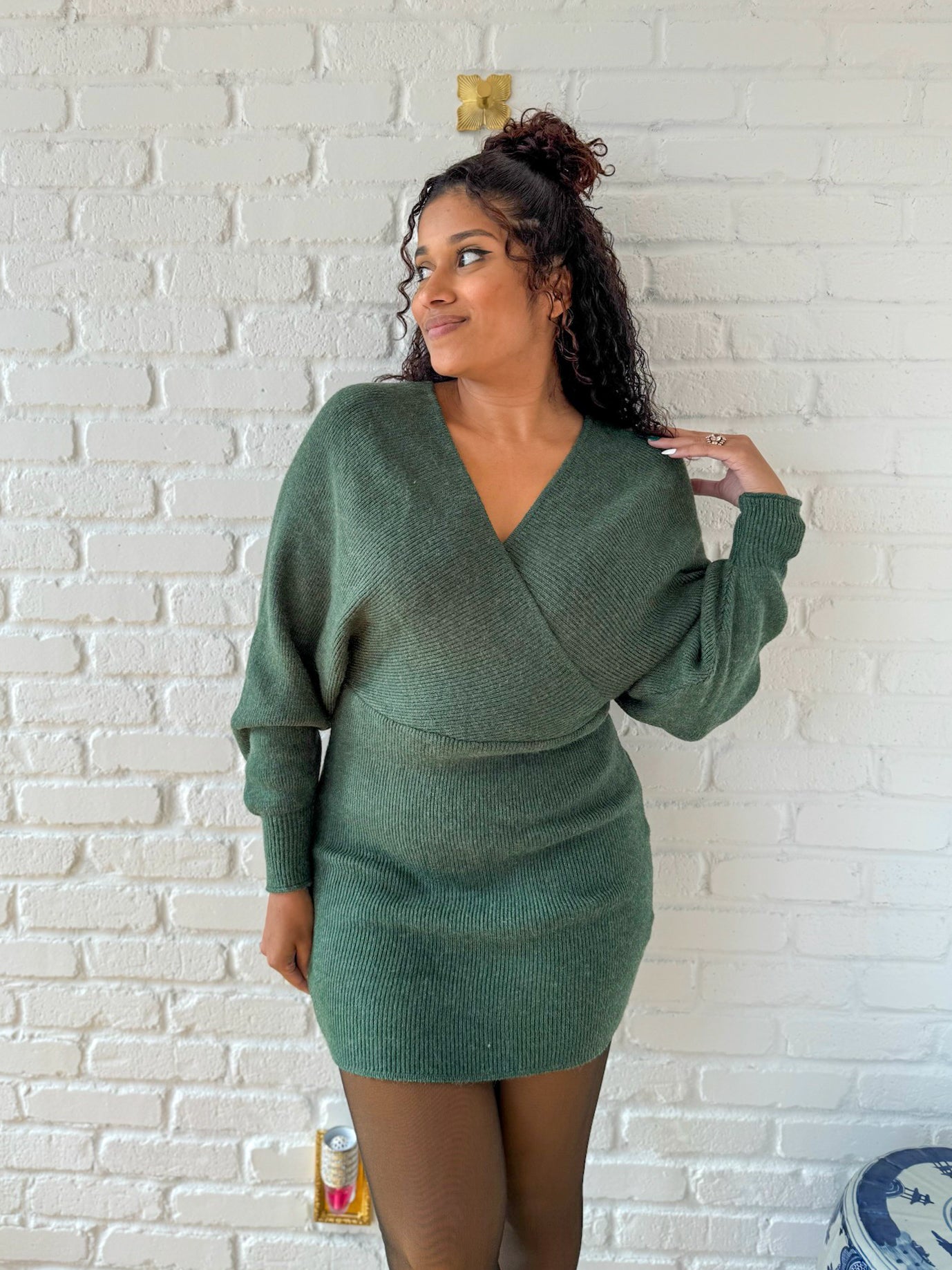 Green Mini Wrap Sweater Dress