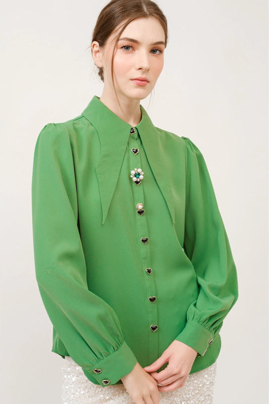 Green Decorated Button Blouse