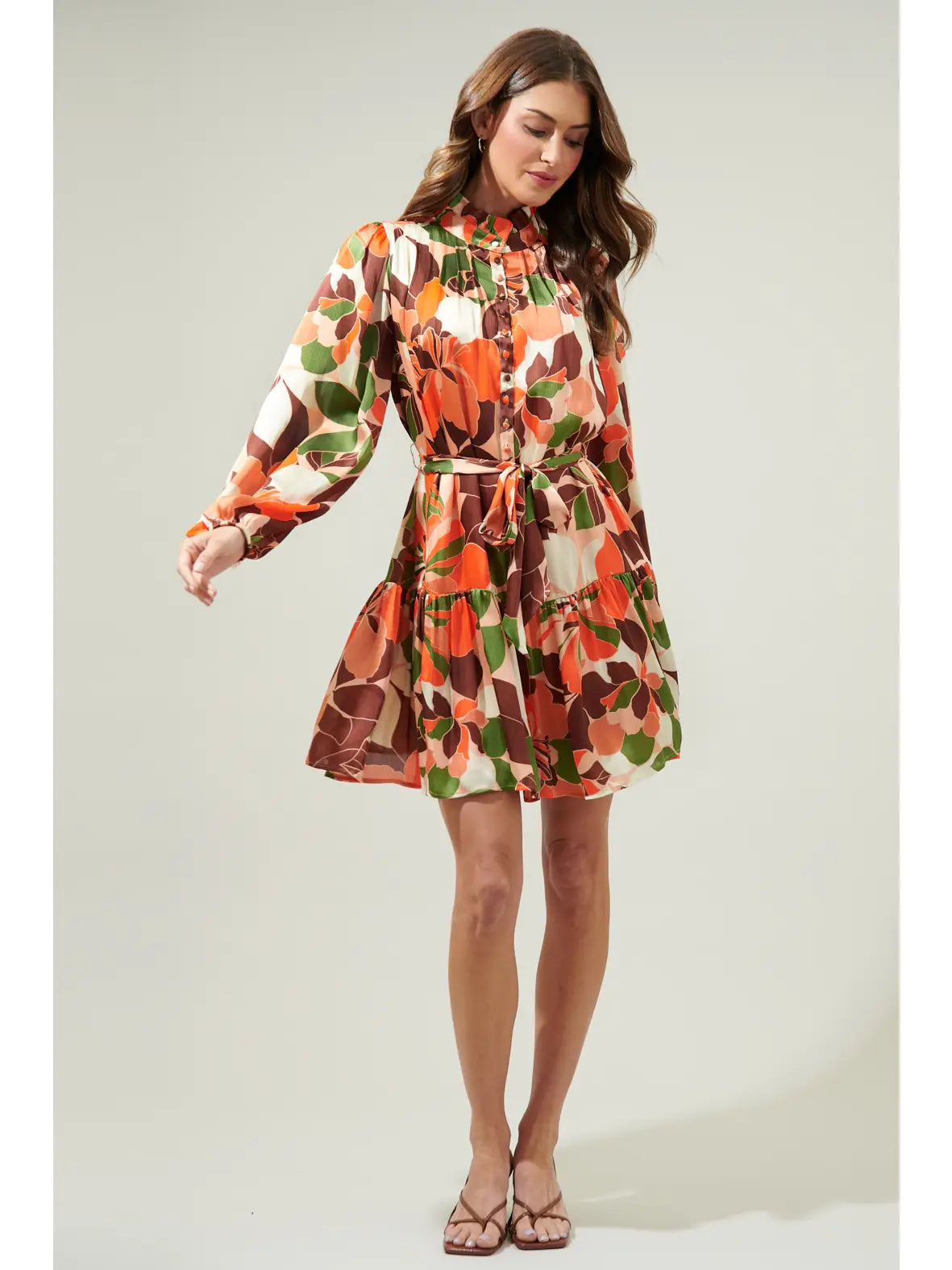 Earthy Floral Button Up Mini Dress