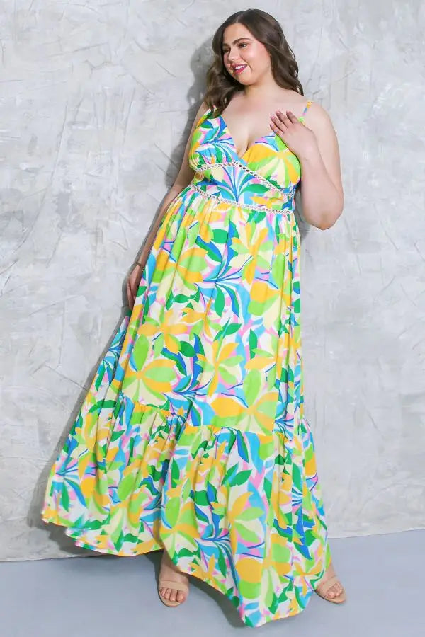 Yellow Green Tropics Curvy Fit Maxi Dress