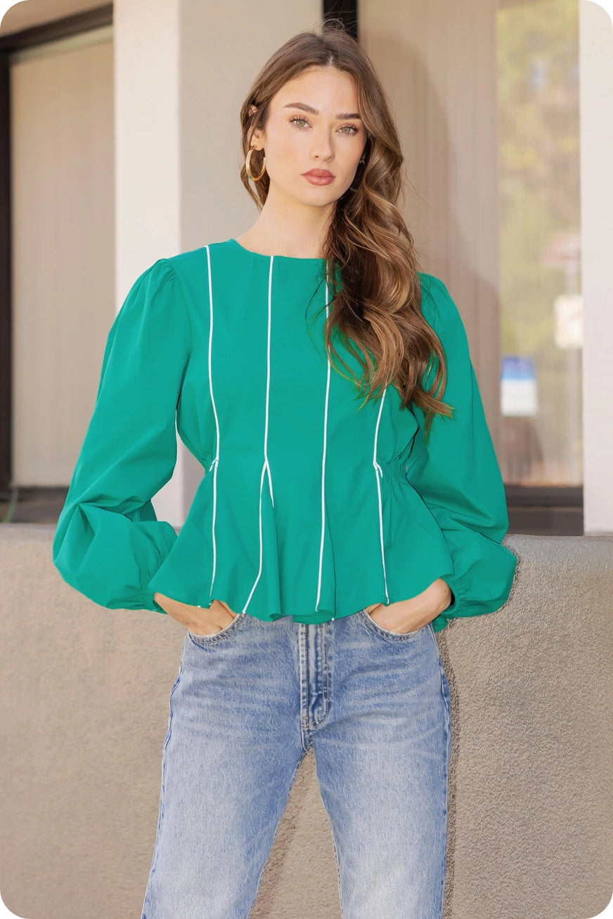 Puff Sleeve Piping Detail Top