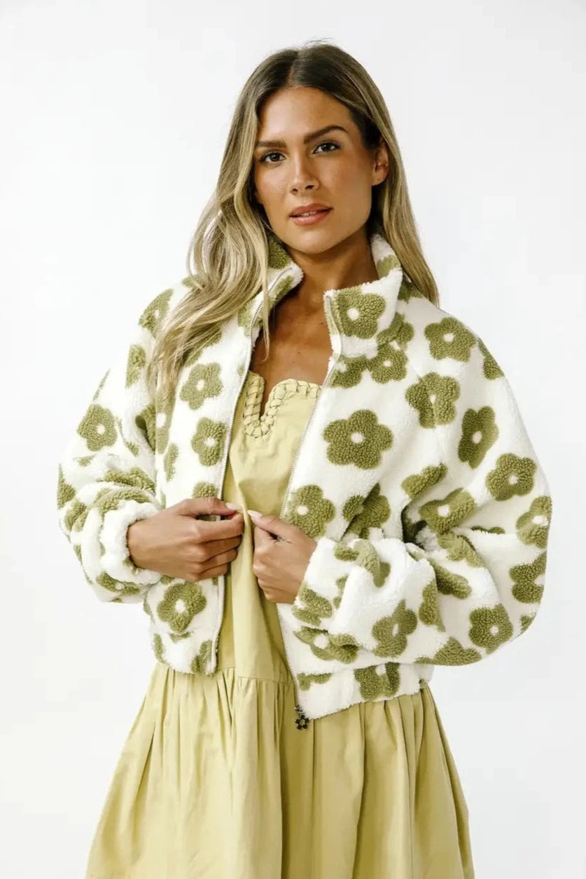 Cream and Green Daisy Teddy Zipper Jacket