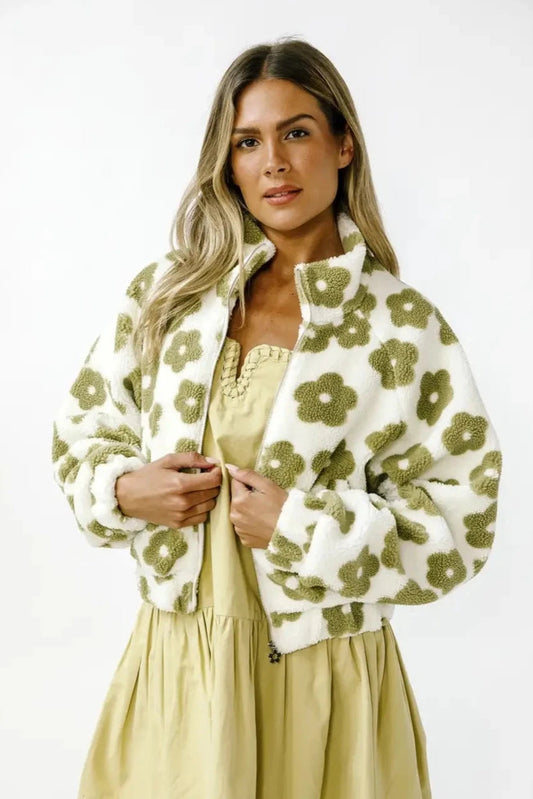 Cream and Green Daisy Teddy Zipper Jacket