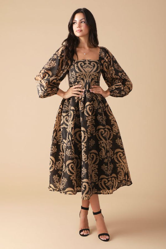 Black & Tan Baroque Midi Dress