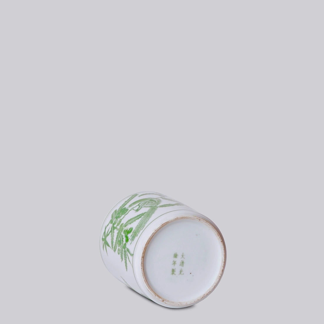 Tiny Green and White Porcelain Bird and Flower Cachepot