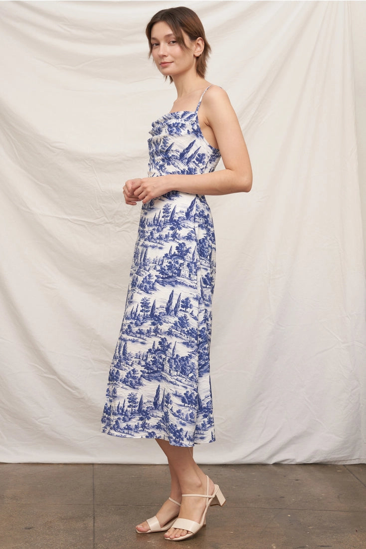blue toile midi dress & White Medium This midi dress is Color:BLCK karako suits Amedeo Plunge Halter Neck