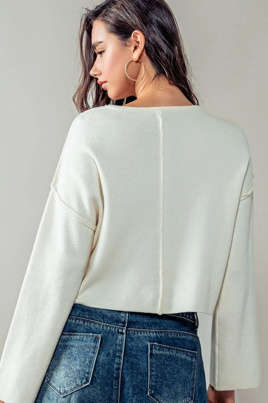 White Drop Shoulder Crop Sweater