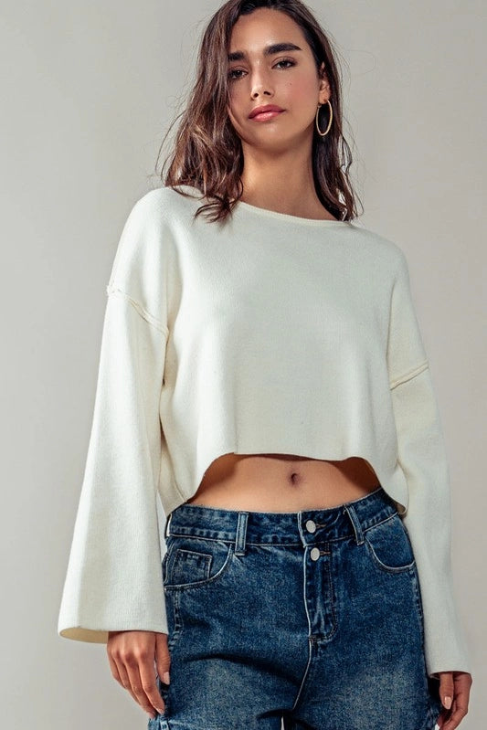 White Drop Shoulder Crop Sweater