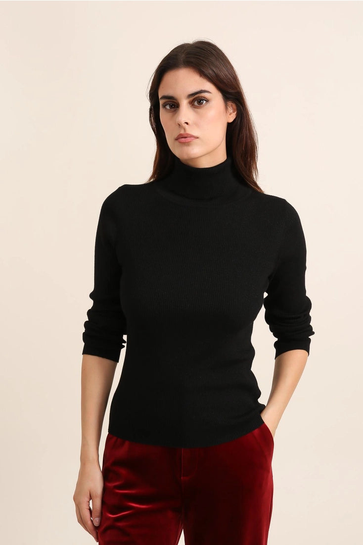 Wool Turtleneck Ribbed Sweater In Black