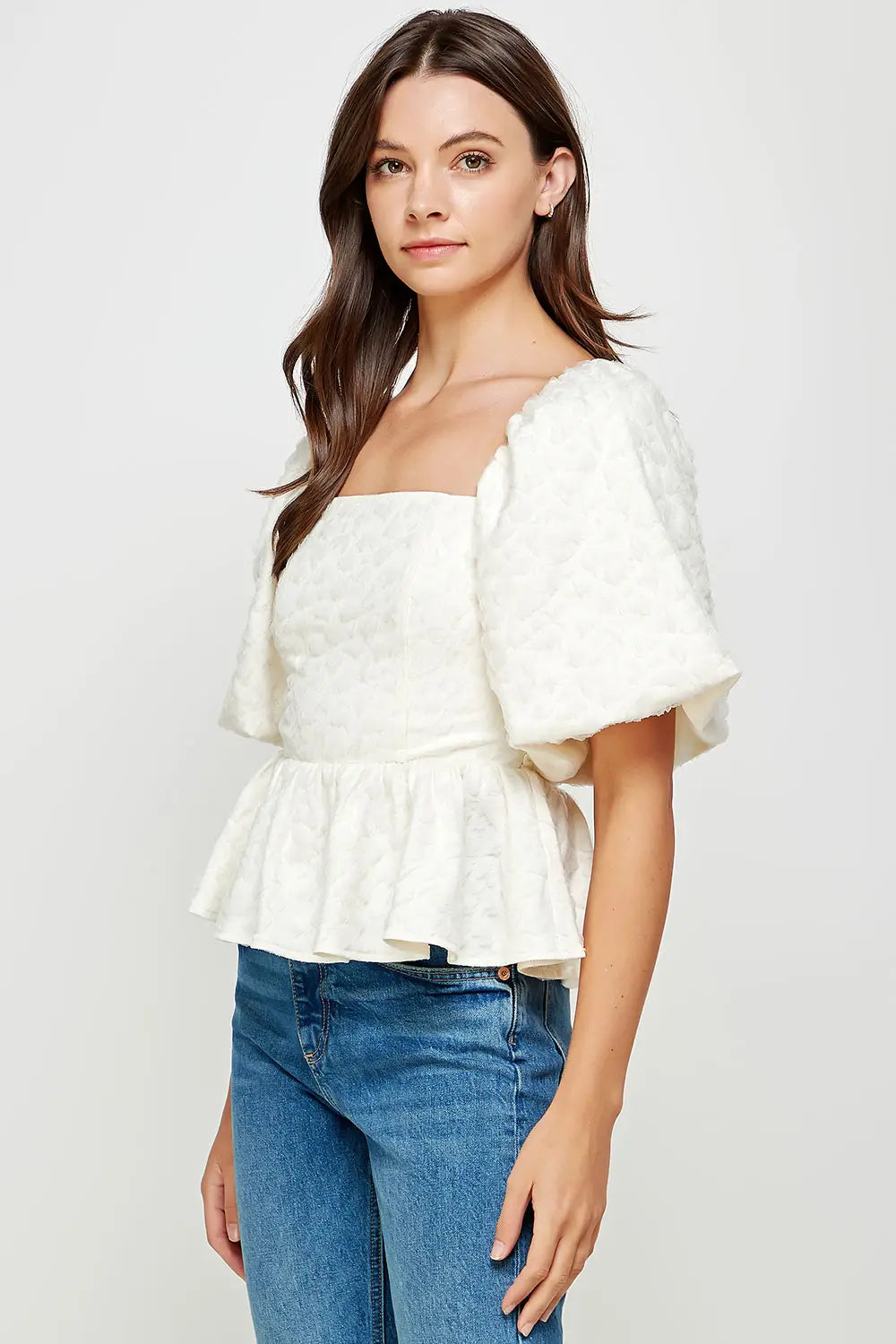 Cream Balloon Sleeve Jacquard Blouse