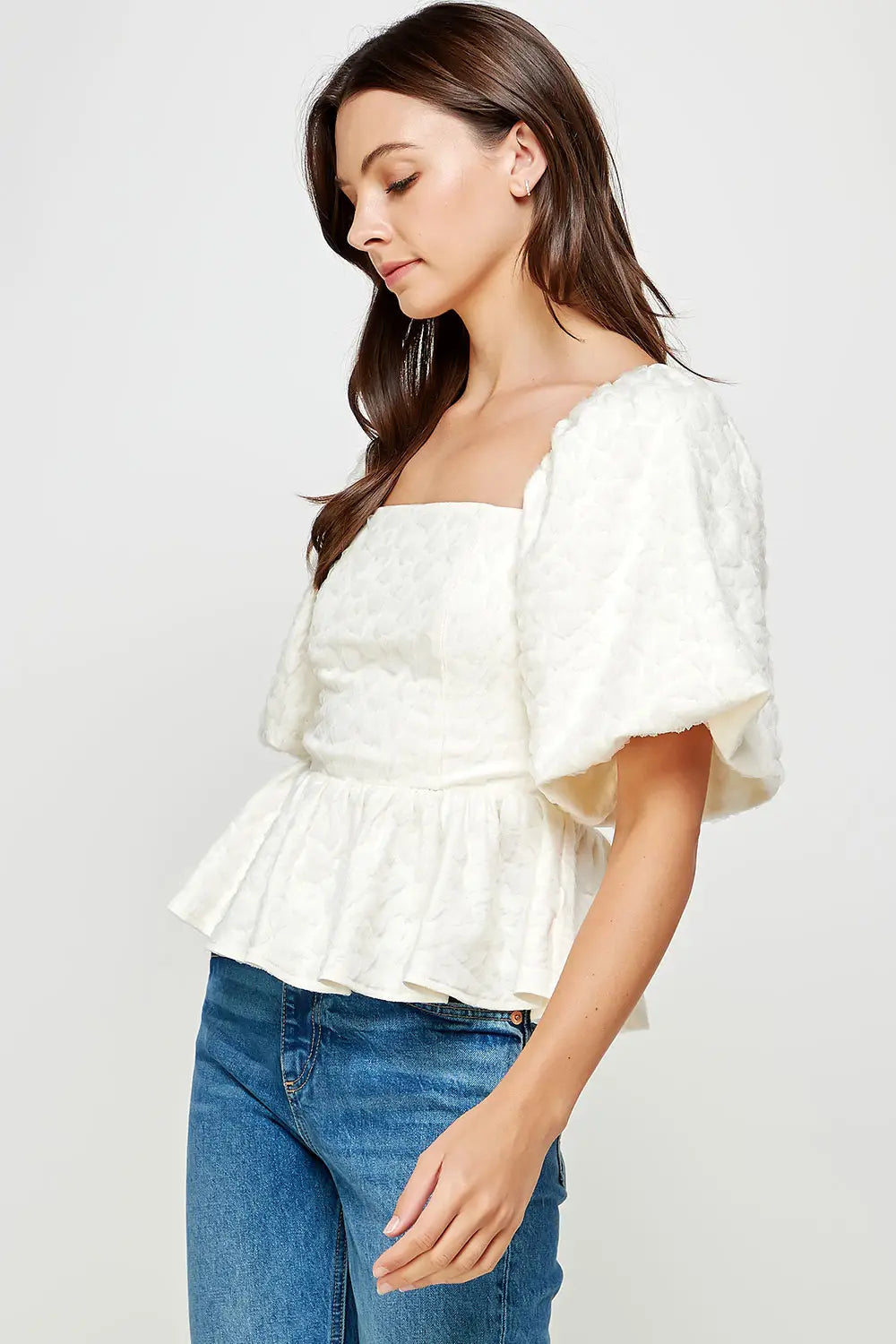 Cream Balloon Sleeve Jacquard Blouse