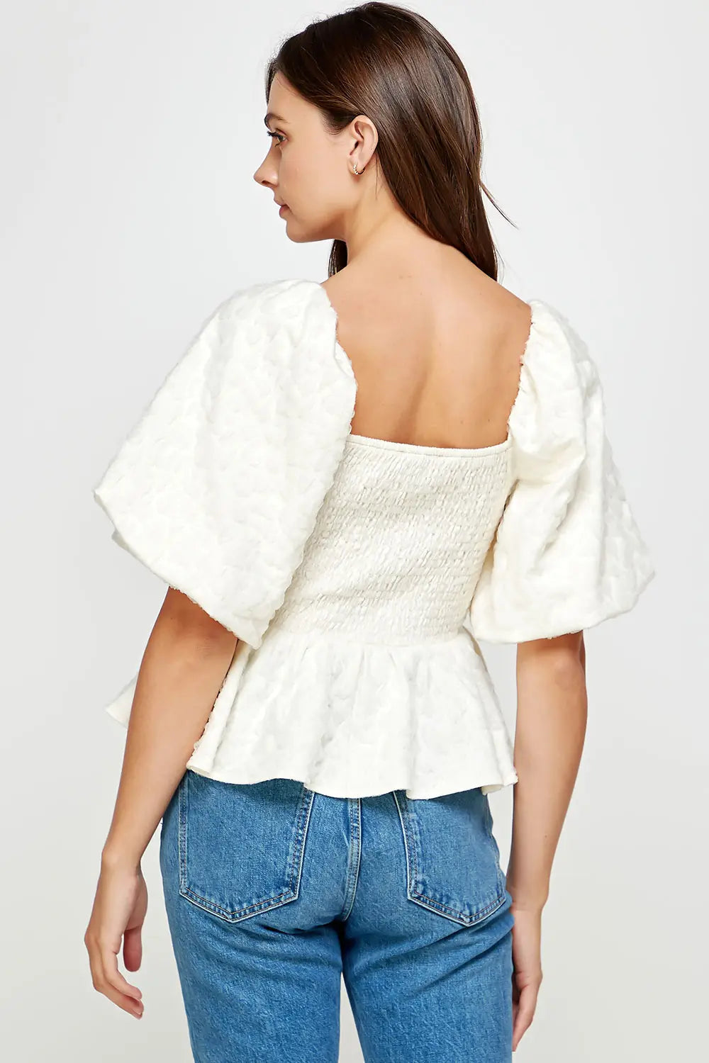 Cream Balloon Sleeve Jacquard Blouse