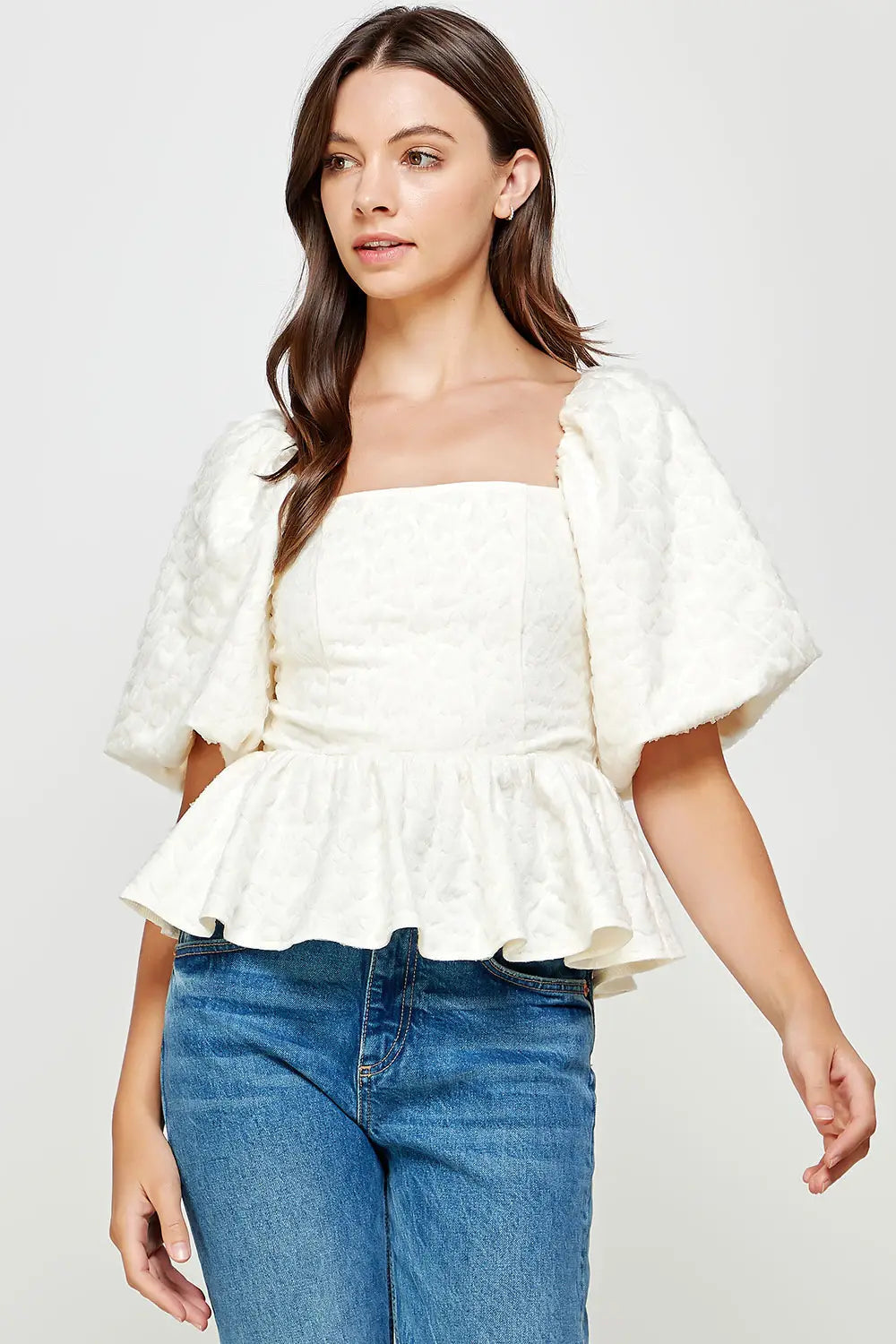 Cream Balloon Sleeve Jacquard Blouse